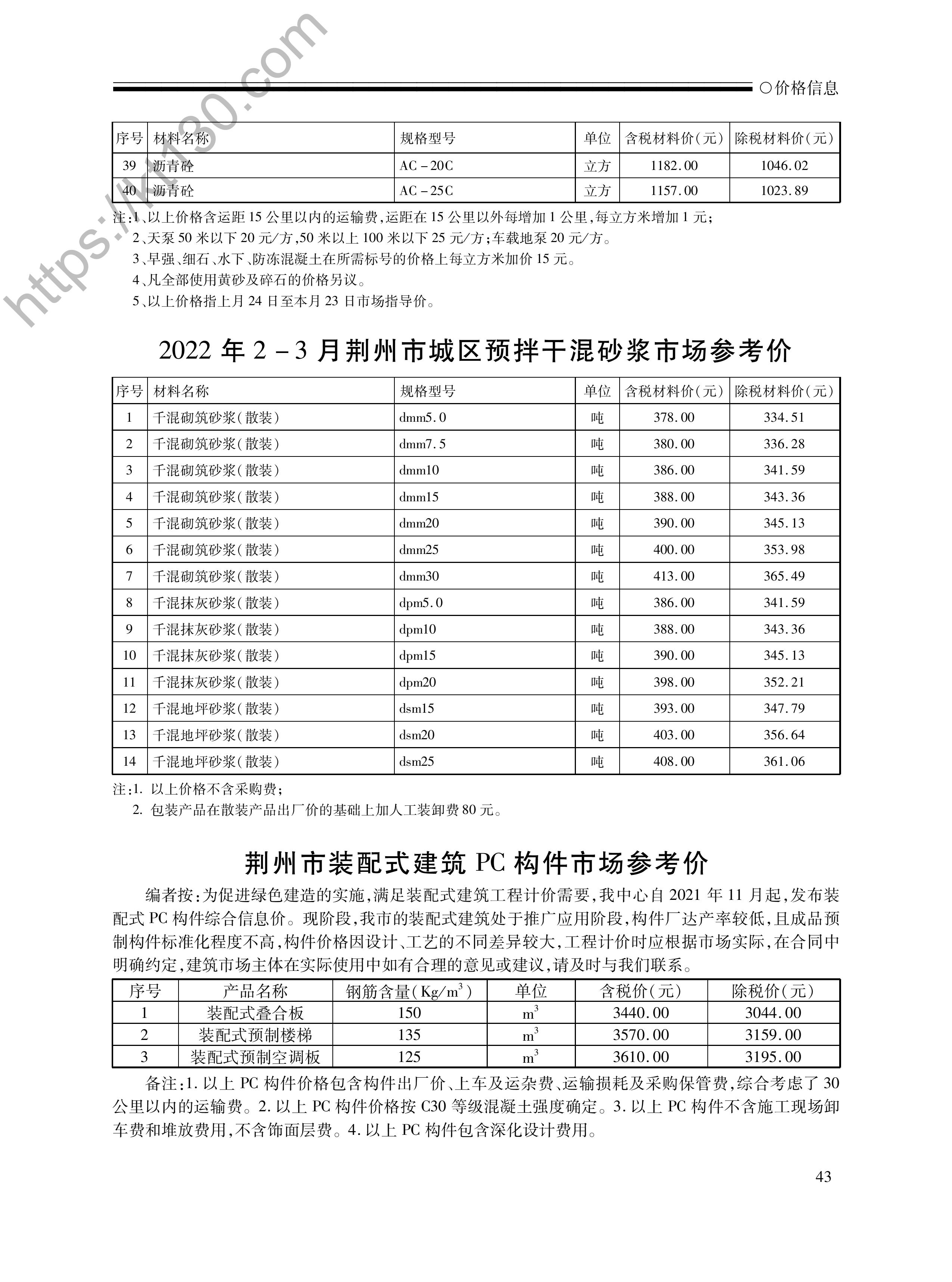 荆州市2022年2-3月建筑材料价_预拌干混砂浆_45838